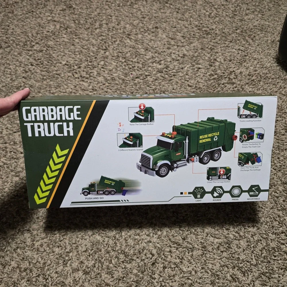 Bstoyder Green Garbage Truck Toy with Lights Sounds‎ and 3 Trash Cans New in Box